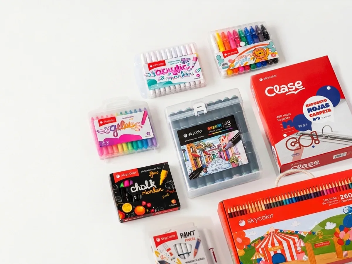 Variedad de productos Skycolor: marcadores, crayones, lápices y repuestos escolares