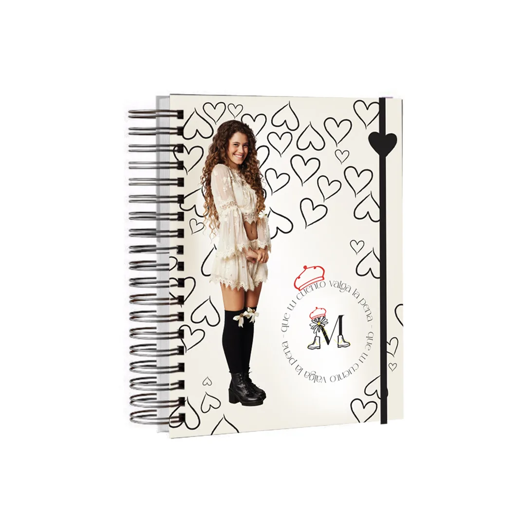 CUAD. 16x21 TAPA DURA C/DOBLE ESPIRAL MARGARITA x 80 hjs RAYADO CON ELASTICO CORAZONES BLANCO